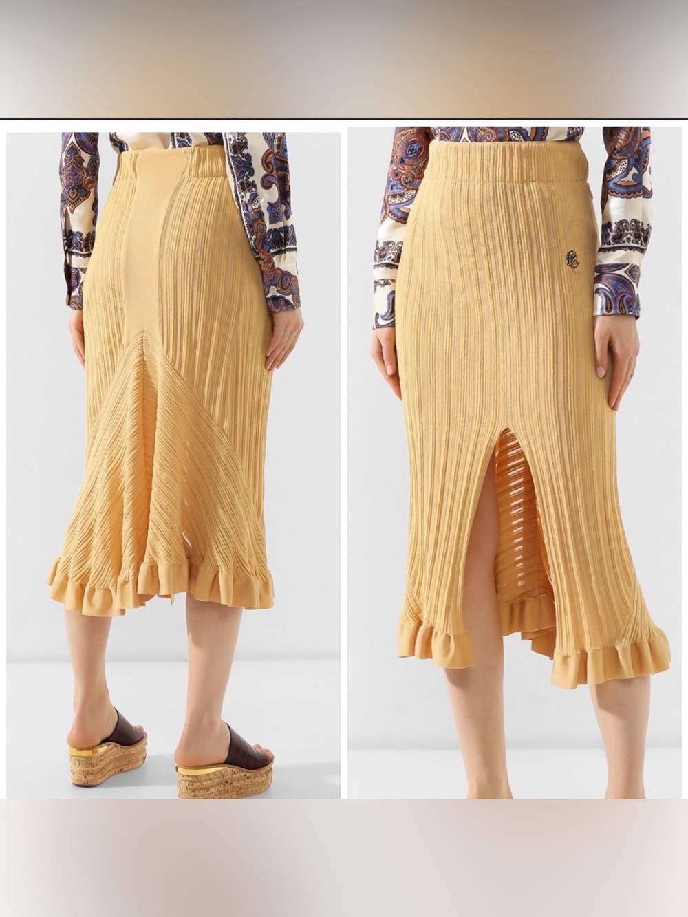 Chloé Yellow Ribbed Knit Midi Skirt Frill Asymmetrical Slit Coquette Boho Sz L